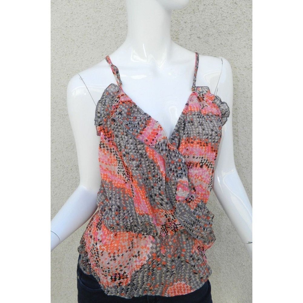 PARKER Camisole Tank Top Orange Pink Black Metallic Silk Shirt Size Medium